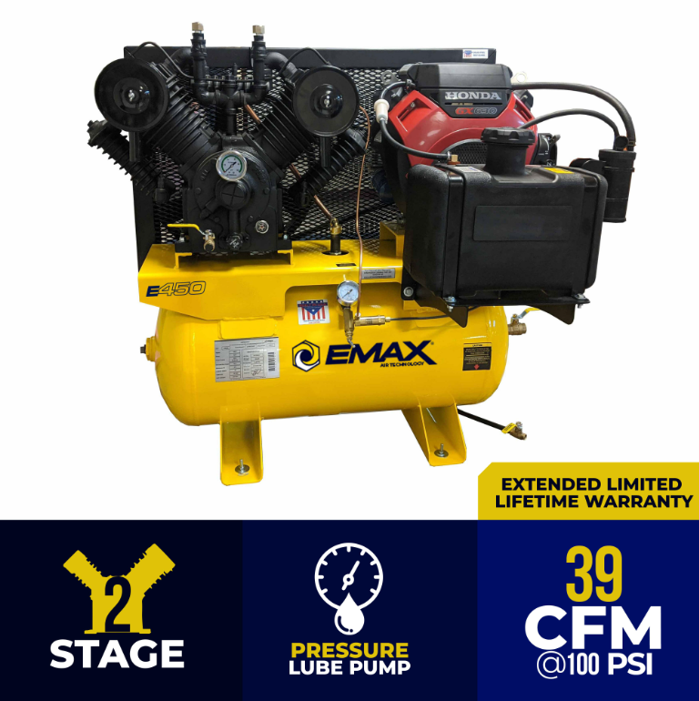 EMAX 18HP 30gal. Honda Horizontal Gas Air Compressor -w/ Pressure Lube Pump (Electric Start)