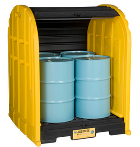 Justrite™ EcoPolyBlend® DrumShed™ with rolltop doors, accommodates 4 drums, optional ramp