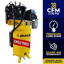 Load image into Gallery viewer, EMAX Industrial 175 PSI @ 38 CFM Belt Drive 10HP 208-230V 1-Phase 2 Stage 80 gal. Stationary Electric Air Compressor - Silent Air System