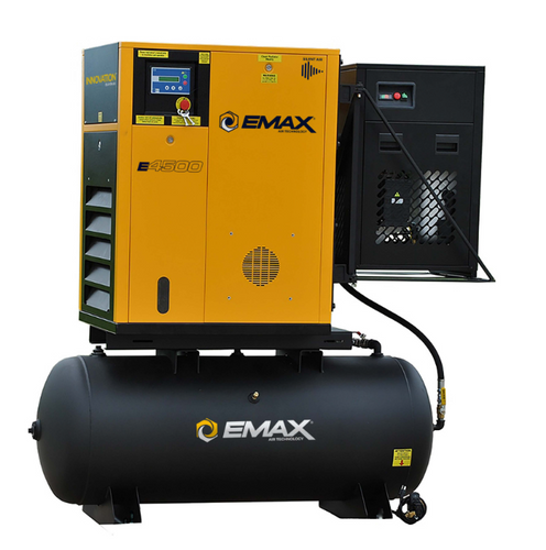 Emax 20HP 208-230/460V 3-Phase Rotary Screw Swing Arm S/N, 58CFM Dryer S/N, 120 gal. Horizontal Tank - Black w/ Auto Drain & Hydraulic Hose