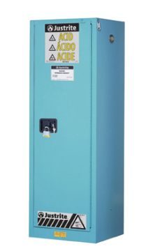 Justrite™ ChemCor® Slimline Corrosives/Acids Safety Cabinet, 22 Gal., 3 shelves, 1 m/c door, Blue