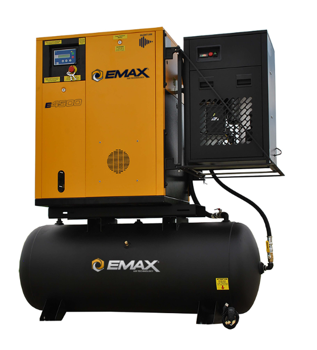 EMAX Rotary Screw 145 PSI @ 29 CFM Belt Drive 7.5HP 208-230/460V 3-Phase Swing Arm Package w/ 30 CFM Dryer & 120 gal. Horizontal Tank - Matte Black w/ Auto Drain & Hydraulic Hose