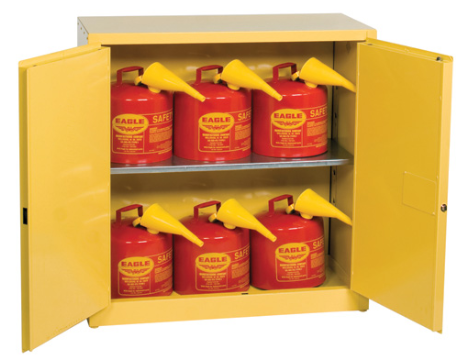 Eagle Flammables Safety Cabinet Combo, 30 Gal. Yellow, 2 Door, Man. Close with 6 UI50FS Safety Cans