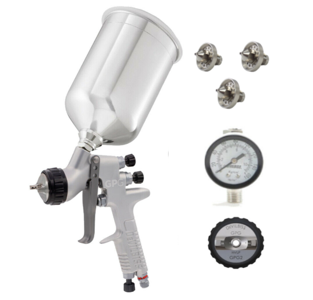 Devilbiss  GPG Gravity HVLP Gun Kit - GPG2 Air Cap 1.3mm, 1.4mm, 1.5mm Nozzles & 900ml. Aluminum w/  HAV-501 Gauge