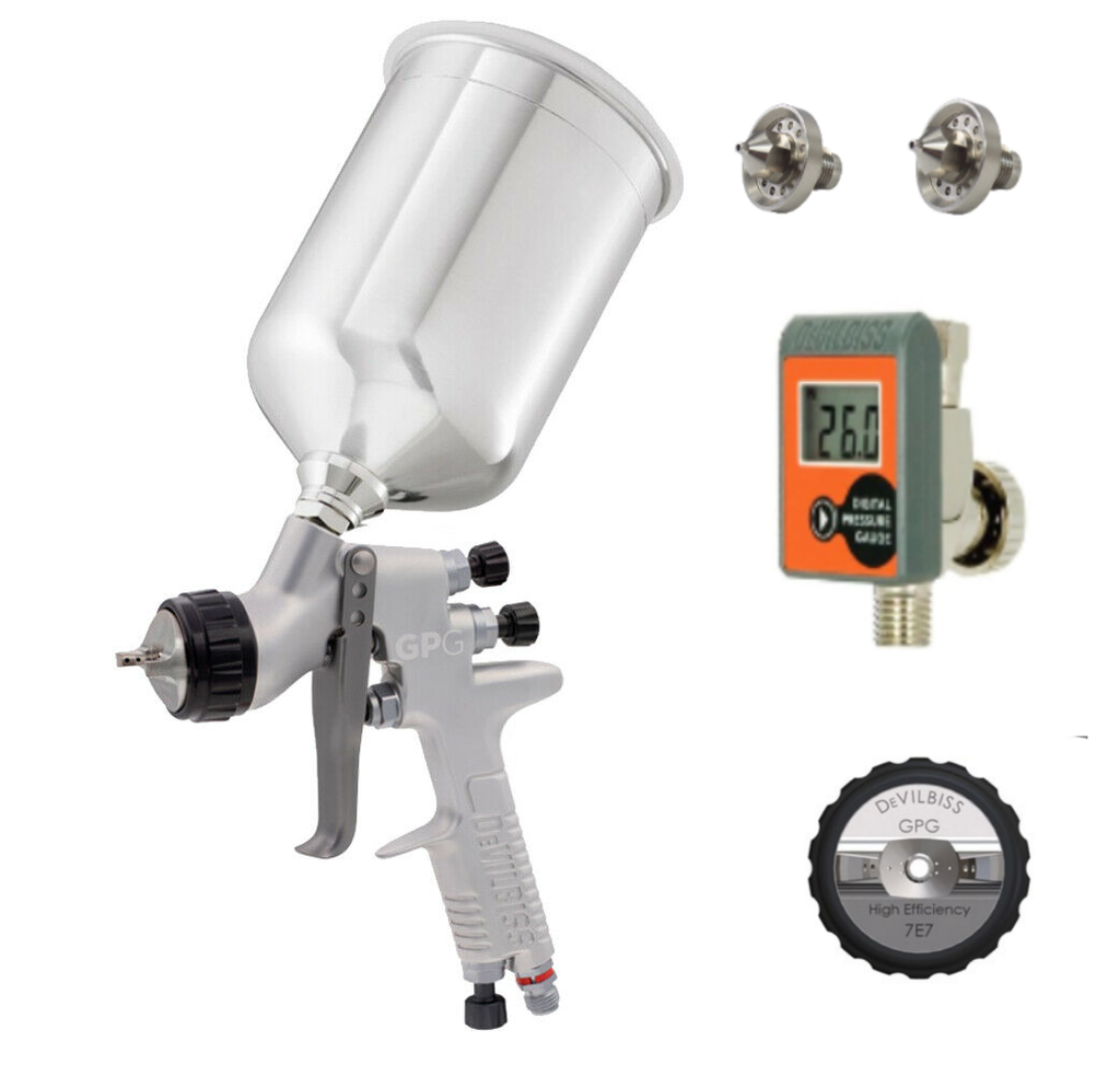 Devilbiss GPG Gravity High Efficiency Gun Kit - 7E7 Air Cap 1.2mm,1.4mm Nozzles & 900ml, Aluminum Cup w/ HAV-555 Gauge