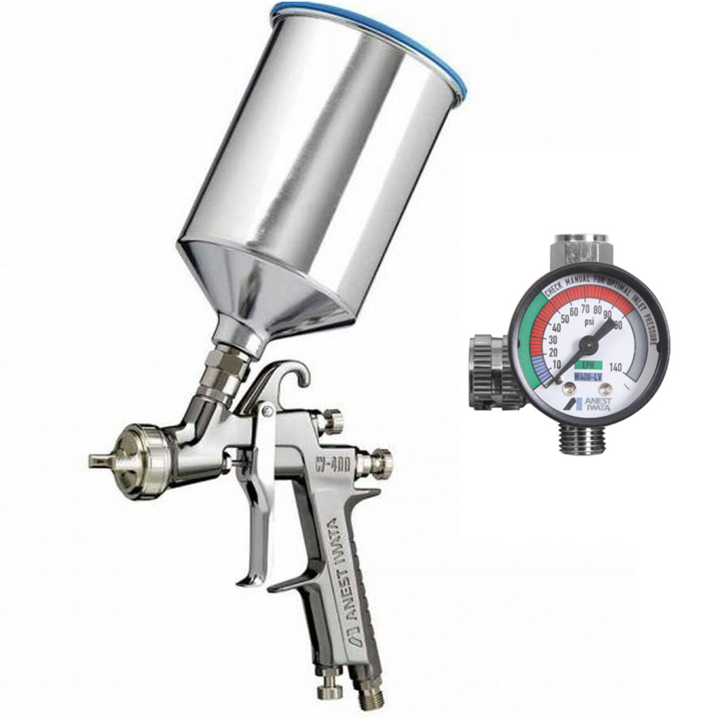 IWATA W400LV-144G Gravity Fed Spray Gun w/ PCG10EM 1000ML Aluminum Cup & AK-1B2 Air Flow Control Valve