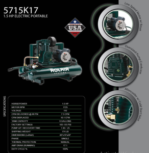 Rolair Systems 90 PSI @ 7.3 CFM Single Stage 115/230 Volt – 60 Hz 1.5HP 9gal. Electric Belt Drive Air Compressor