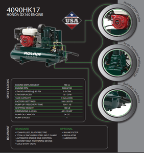 Rolair Systems 90 PSI @ 9.3 CFM 163cc Honda GX160 Engine 9 gal. Gas-Powered Air Compressor