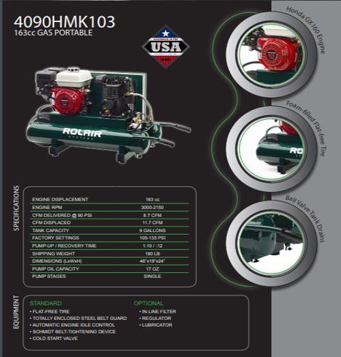 Rolair Systems 90 PSI @ 8.7 CFM 163cc Honda GX160 Engine 9 gal. Gas-Powered Air Compressor