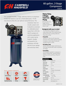 Campbell Hausfeld 3.7-HP 60-Gallon Two Stage Air Compressor - SCFM @ 90 PSI – 7.6 - SCFM @ Max PSI – 6.9 - 230 volt